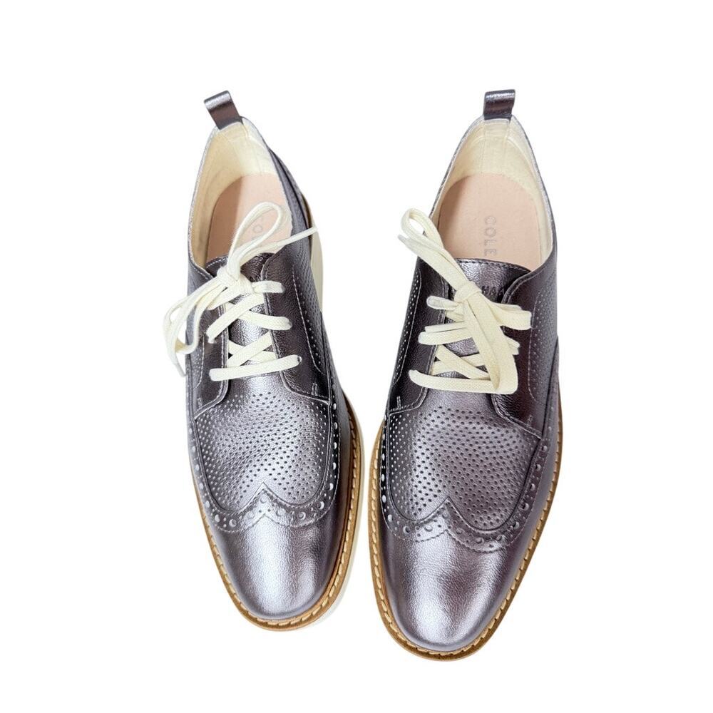 Cole Haan Metallic Pewter Grand Wingtip  Oxfords Sz 9B Platform Lace Up Shoes